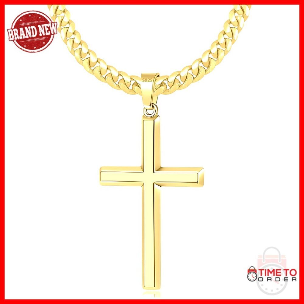Sterling Silver 14K Gold Plated Cross Pendant Necklace with Cuban Chain